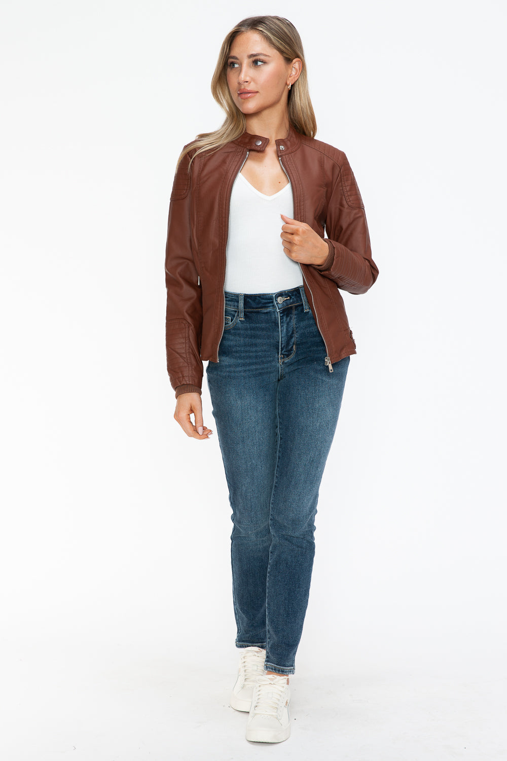 Outfit Flow - Snobbish Faux Leather Biker Jacket with Side Zip Pockets