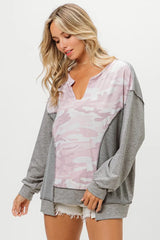 BiBi Camo Printed French Terry Knit Color Block Top OutfitFlow