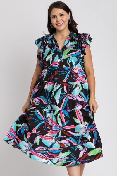 Umgee Full Size Leaf Print Double Layered Ruffle Sleeve Tiered Midi Dress Plus Size OutfitFlow