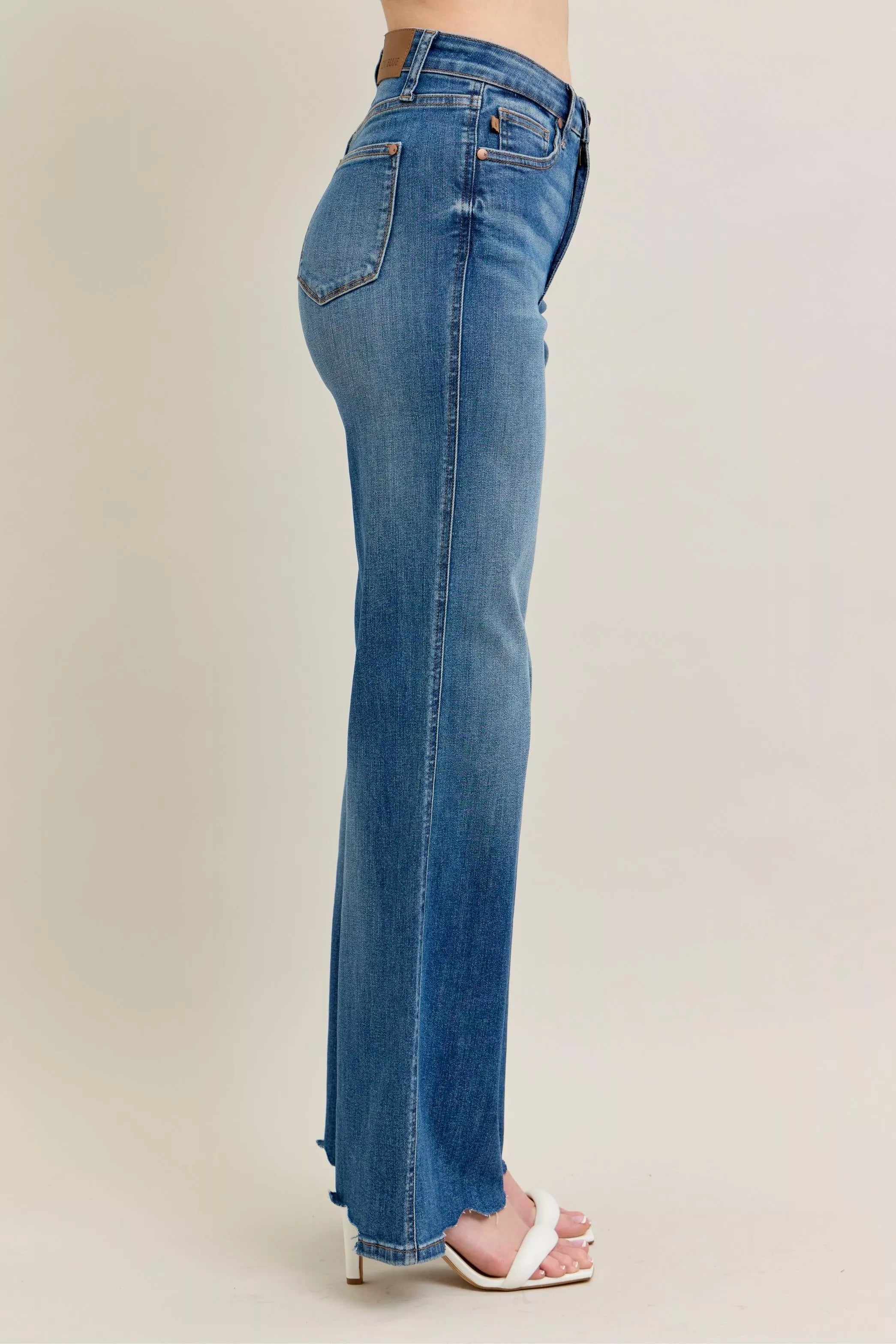 Judy Blue Full Size High Waist Tummy Control Chew Hem Destroy Wide Jeans Plus Size OutfitFlow