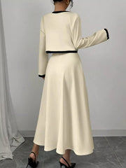 Contrast Trim Maxi Dress and Cropped Cardigan Set OutfitFlow