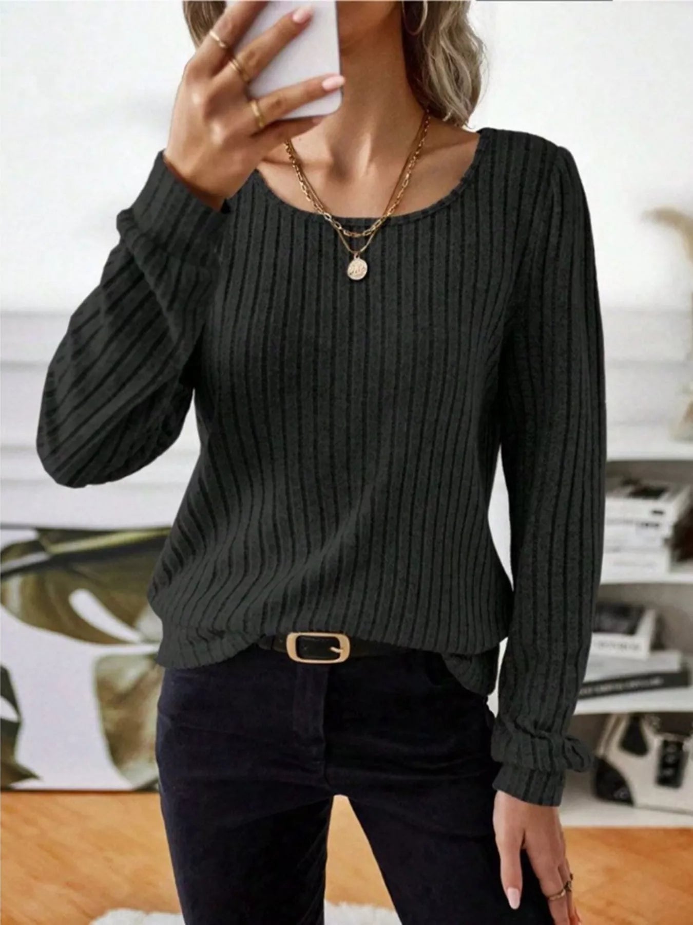 Ribbed Knit Long Sleeve T-Shirt OutfitFlow