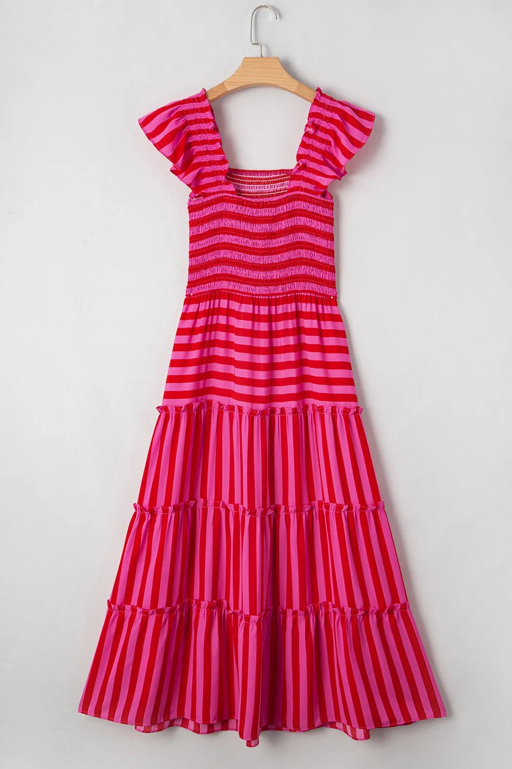 Stripe Flutter Sleeve Smocked Bodice Tiered Maxi Dress OutfitFlow