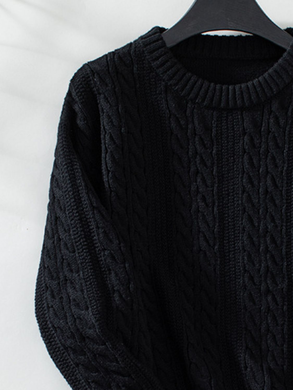 Outfit Flow - Cable-Knit Round Neck Long Sleeve Sweater