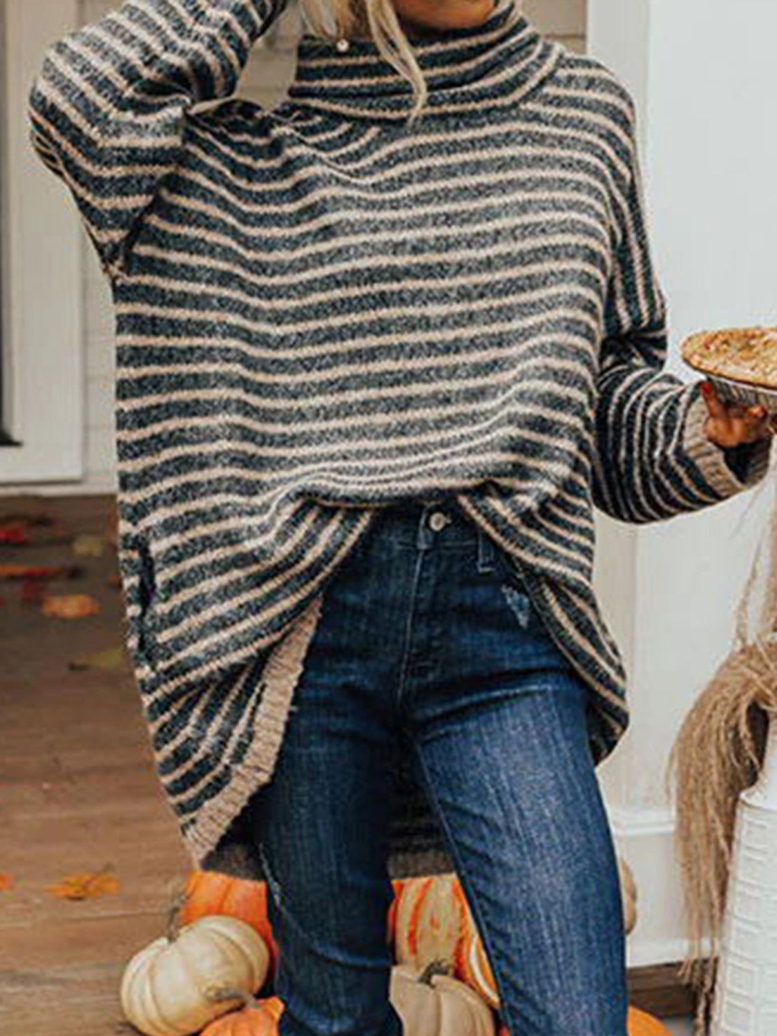 Striped Turtleneck Sweater with Pockets OutfitFlow