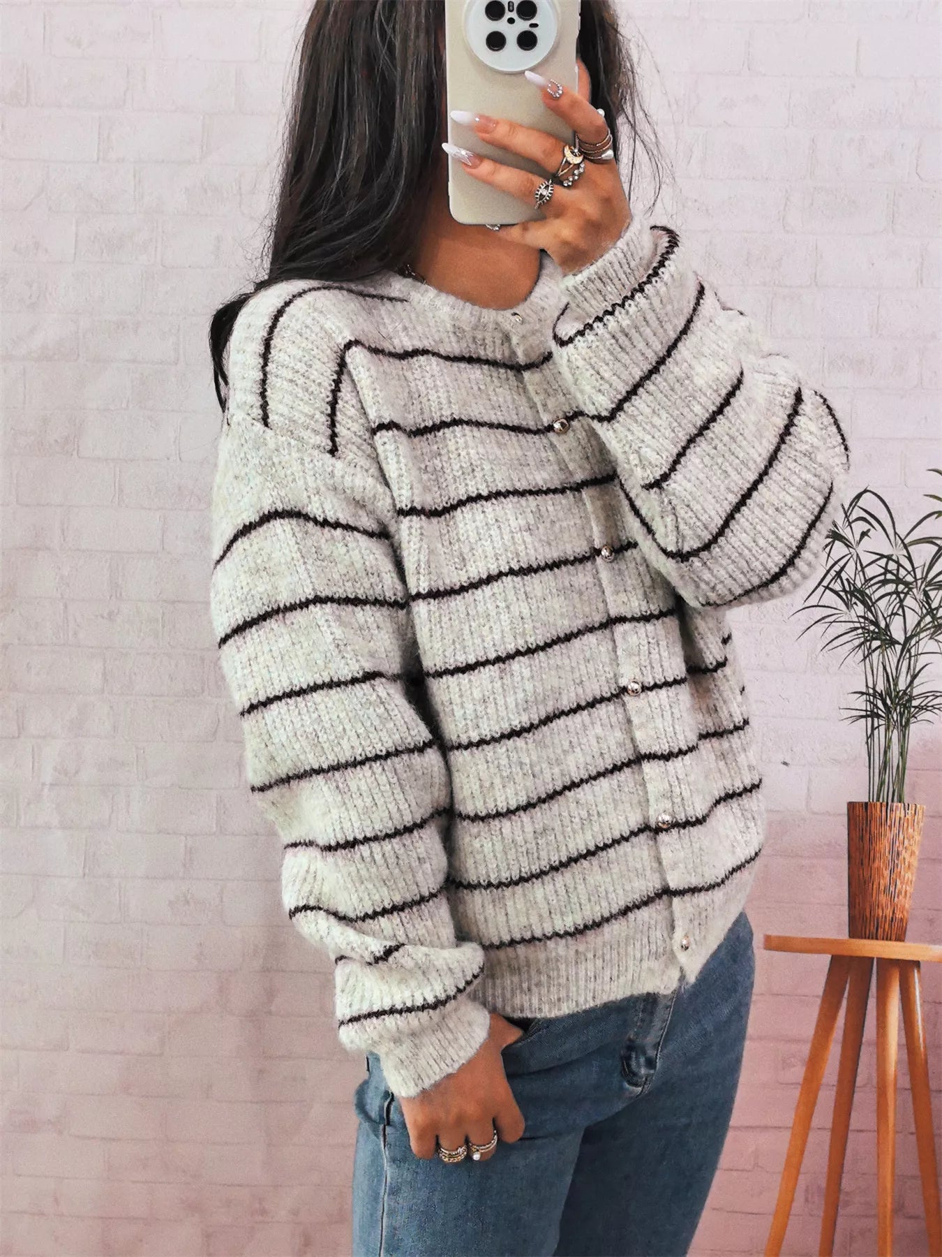 Striped Button Up Long Sleeve Cardigan OutfitFlow