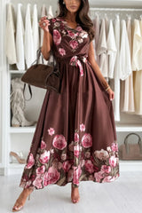 Floral Print Cap Sleeve Dress with Belt Burgundy OutfitFlow