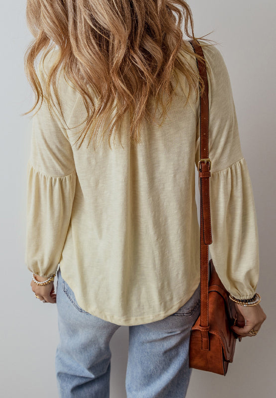 Outfit Flow - Embroidered Notched Long Sleeve Blouse