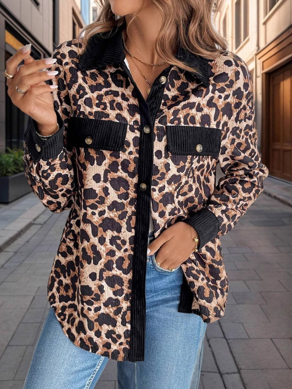 Outfit Flow - Leopard Collared Neck Button Up Jackets