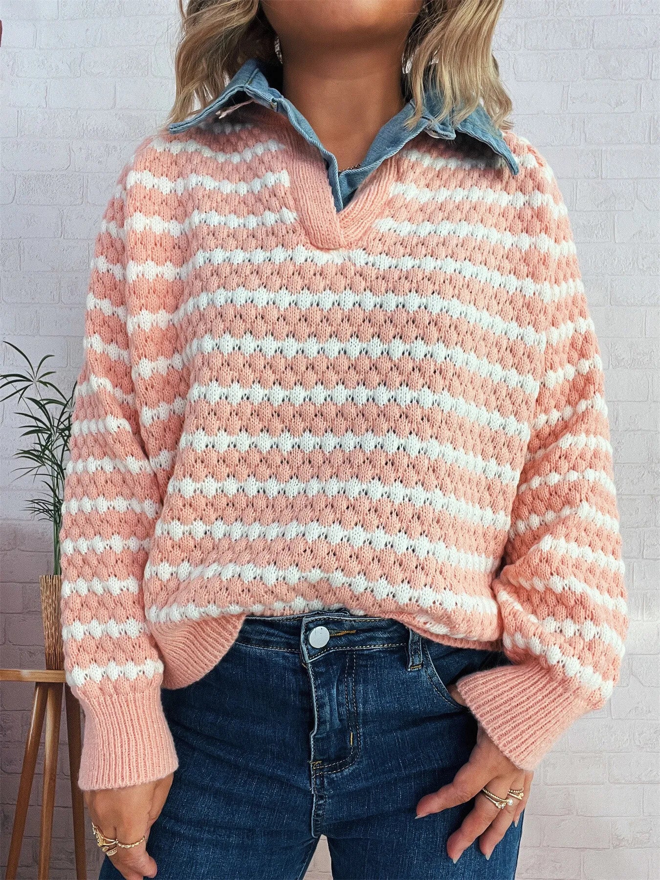 Contrast Striped Sweater with Denim Collar OutfitFlow