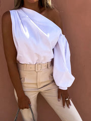 One Shoulder Puff Sleeve Blouse OutfitFlow
