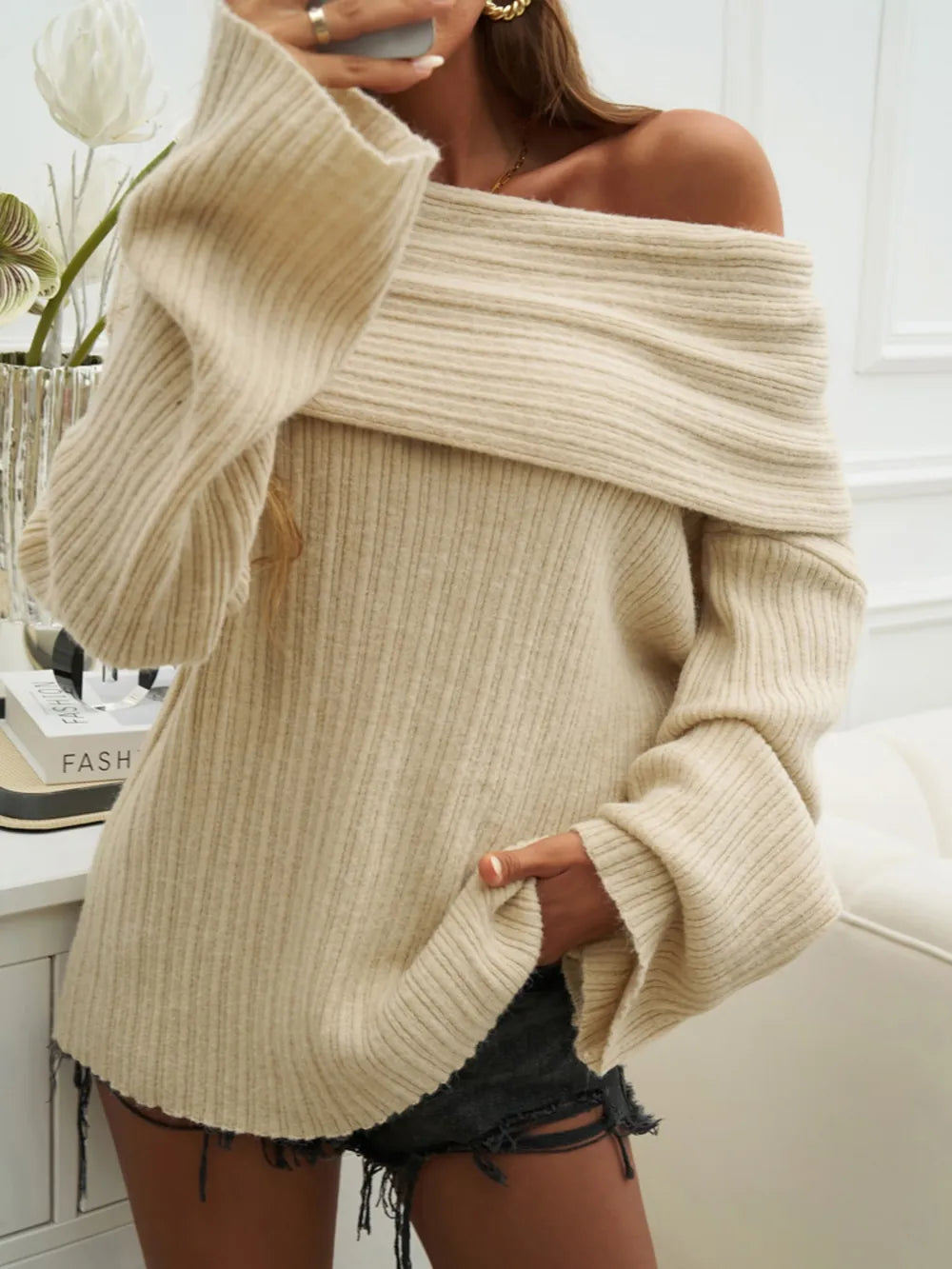Devine Off-Shoulder Extra-Long Sleeve Sweater OutfitFlow