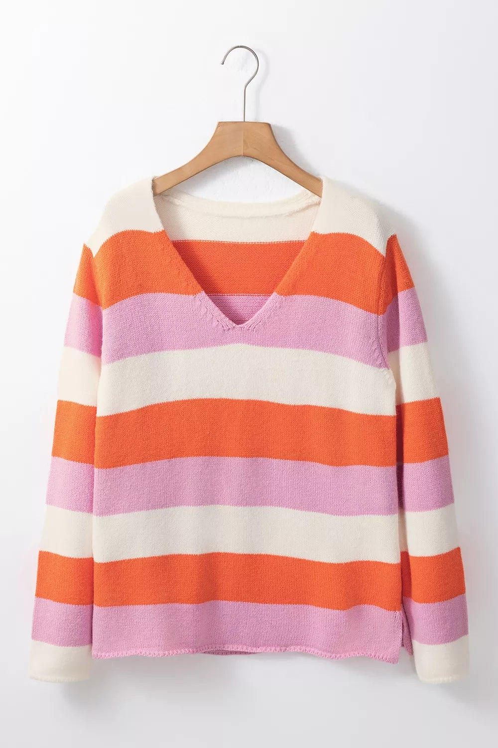 V-Neck Striped Color Block Knit Top OutfitFlow