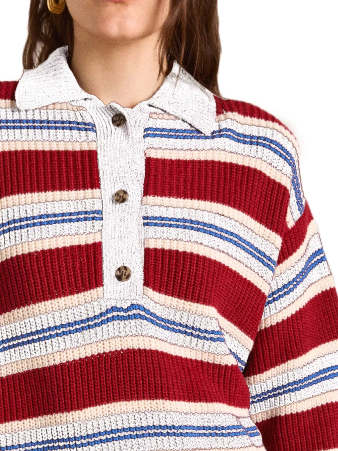 Striped Button Detail Polo Collar Sweater OutfitFlow