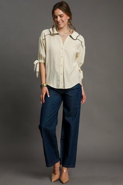 Umgee Full Size Embroidered Detail Button Down Shirt Plus Size OutfitFlow