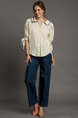 Umgee Full Size Embroidered Detail Button Down Shirt Plus Size OutfitFlow