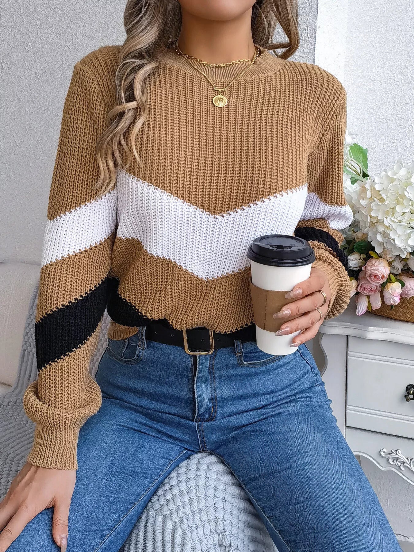 Chevron Stripe Color Block Round Neck Sweater Khaki OutfitFlow