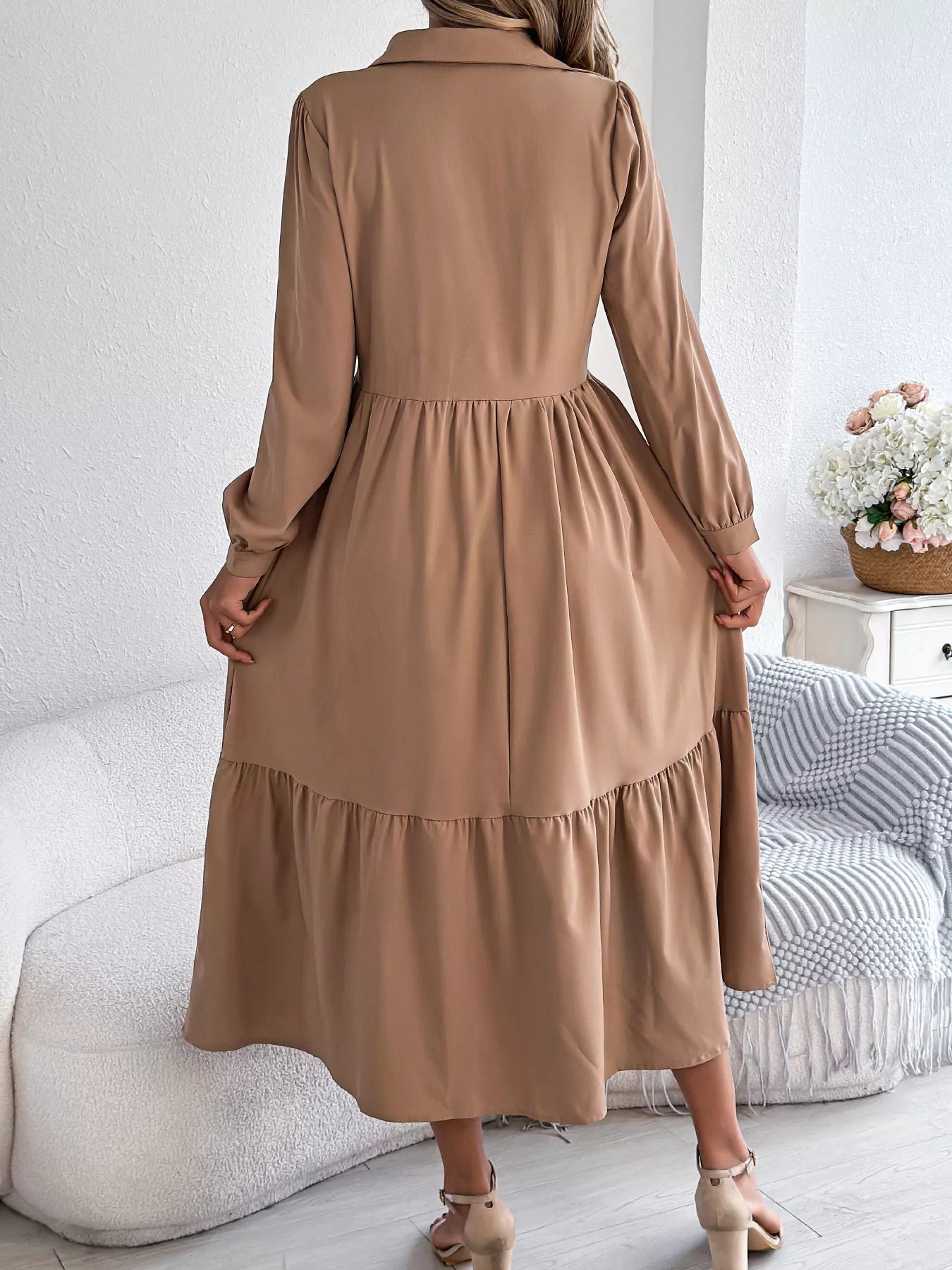 Long Sleeve Tiered Button Front Midi Dress OutfitFlow