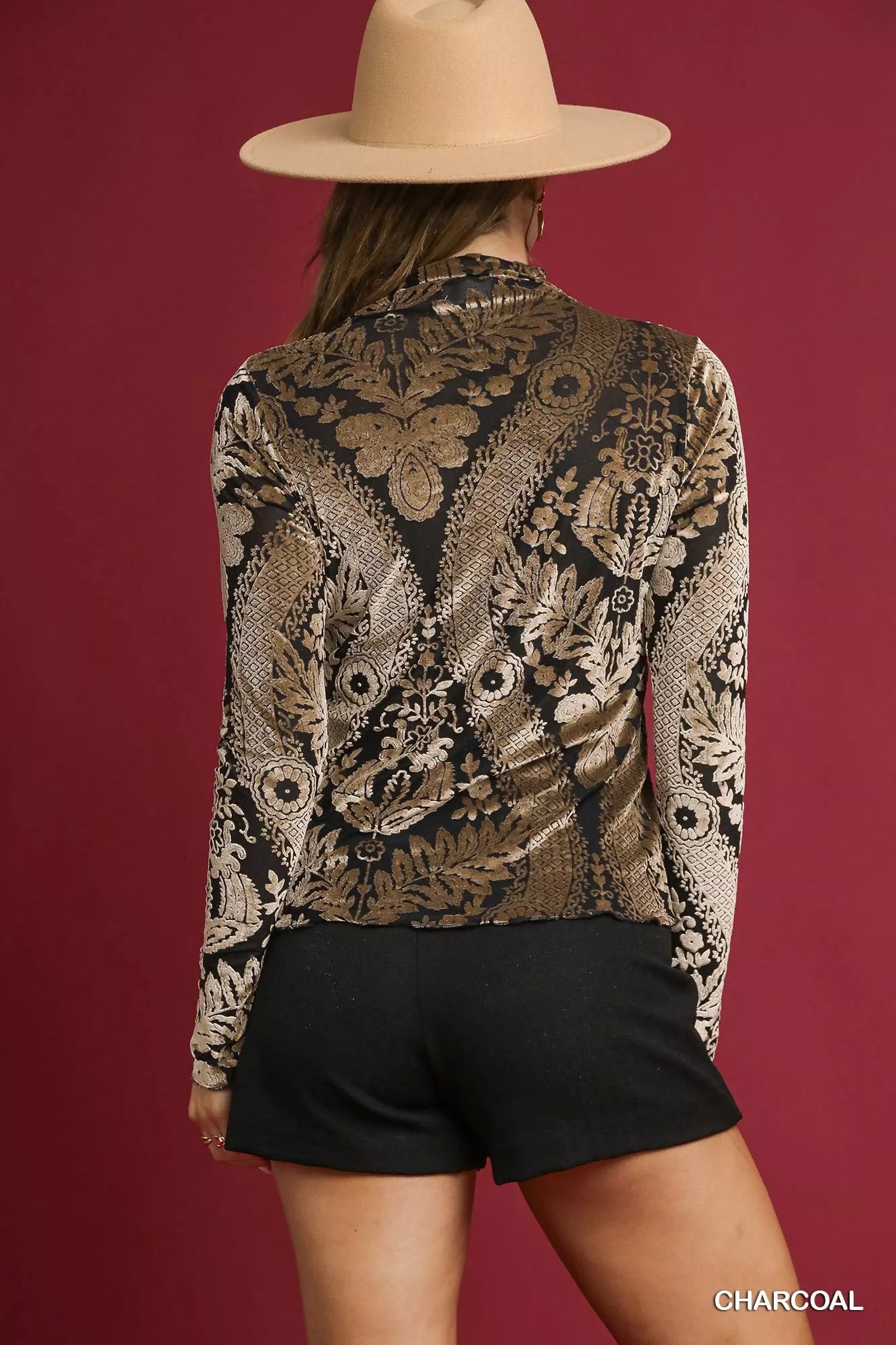 Umgee Damask Print Velvet Burnout Top OutfitFlow