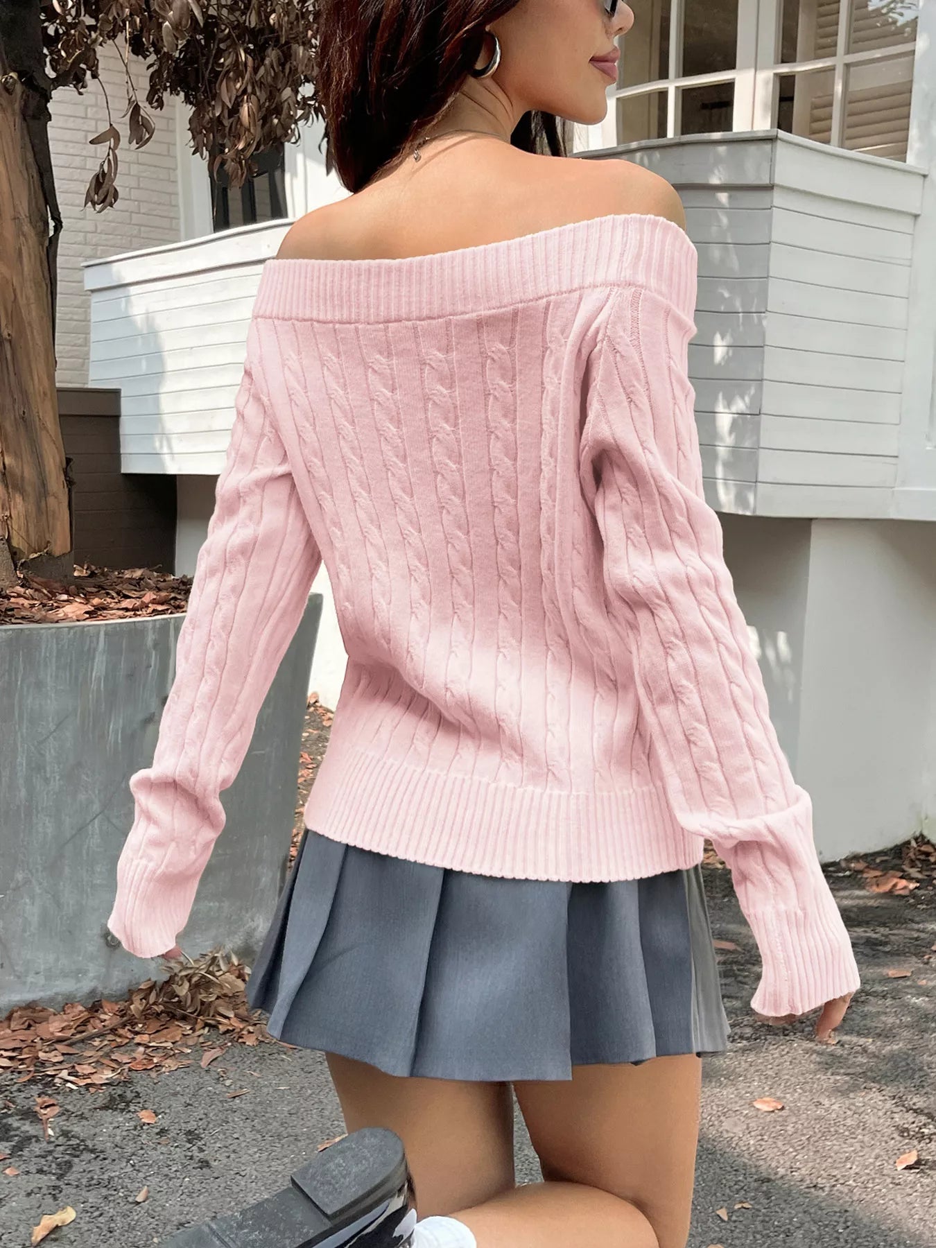 Off-Shoulder Cable Knit Sweater OutfitFlow