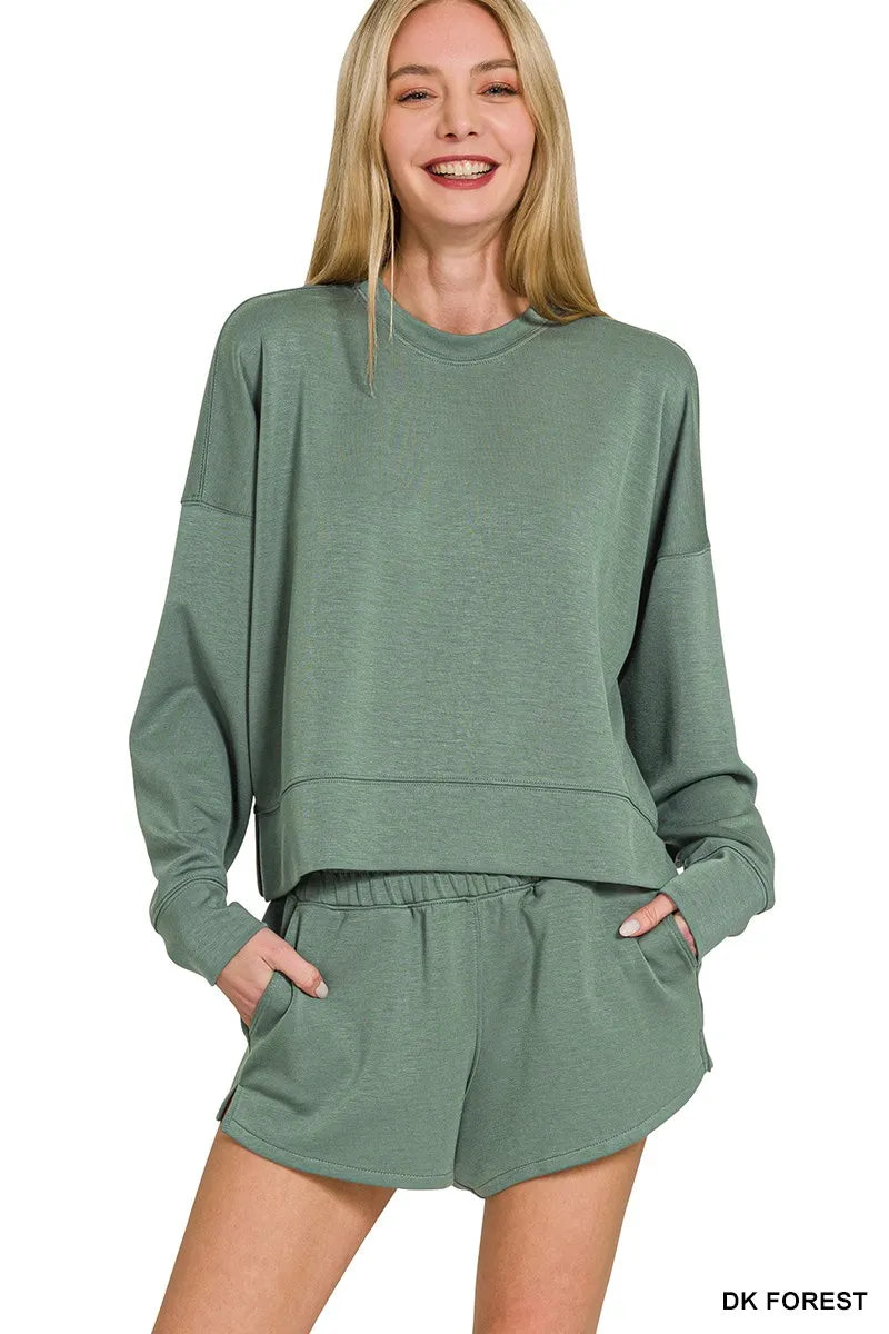 Zenana Scuba Long Sleeve Sweatshirts & Shorts Set DK FOREST OutfitFlow