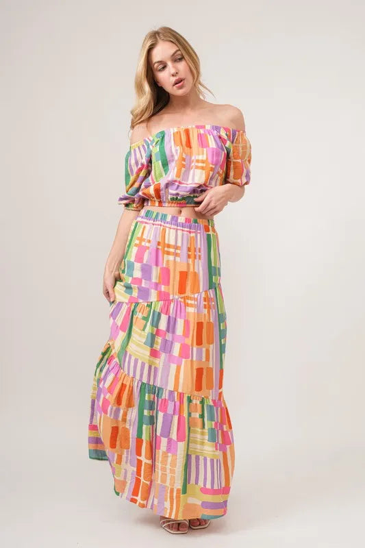 And The Why Puff Sleeve Elastic Edges Geo Printed Crop Top OutfitFlow