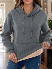 Drawstring Long Sleeve Hoodie with Kangaroo Pocket Dark Gray OutfitFlow