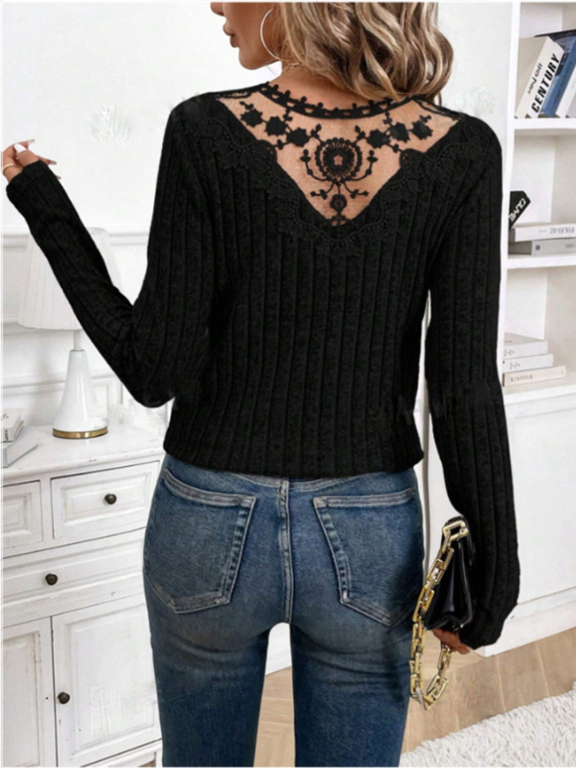 Outfit Flow - Lace Detail V-Neck Long Sleeve T-Shirt