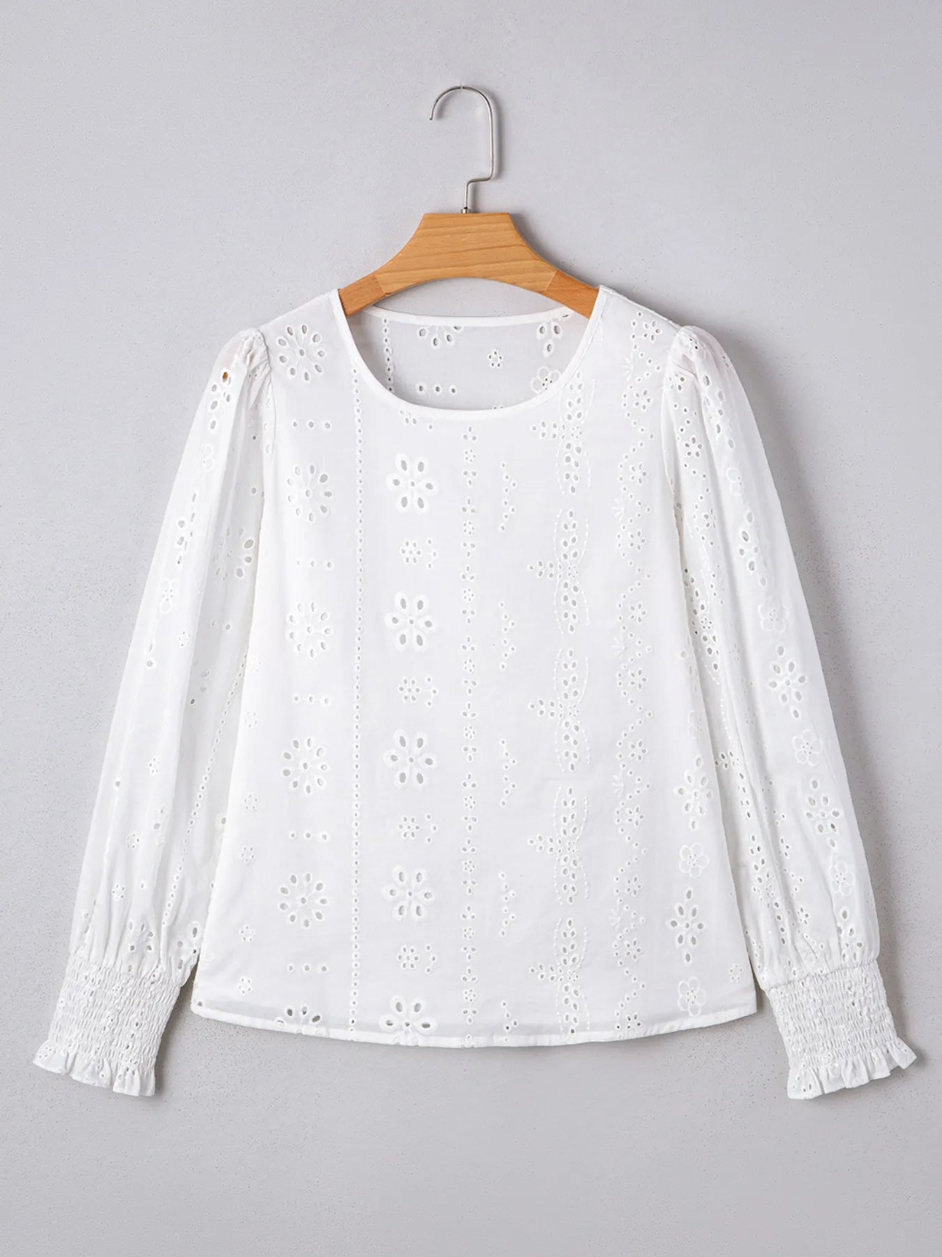 Eyelet Long Sleeve Blouse with Elastic Cuffs OutfitFlow