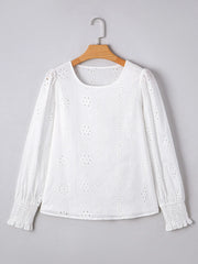 Eyelet Long Sleeve Blouse with Elastic Cuffs OutfitFlow