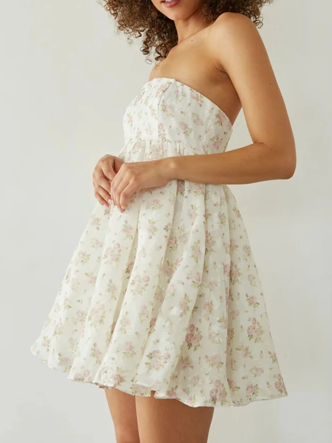Strapless Floral Print Summer Dress Blush Pink OutfitFlow