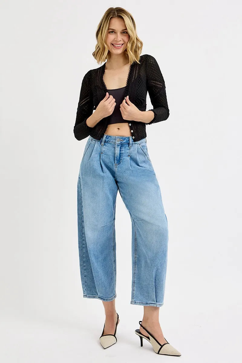 RISEN Full Size Mid Rise Fit Crop Wide Volume Leg Jeans Plus Size OutfitFlow
