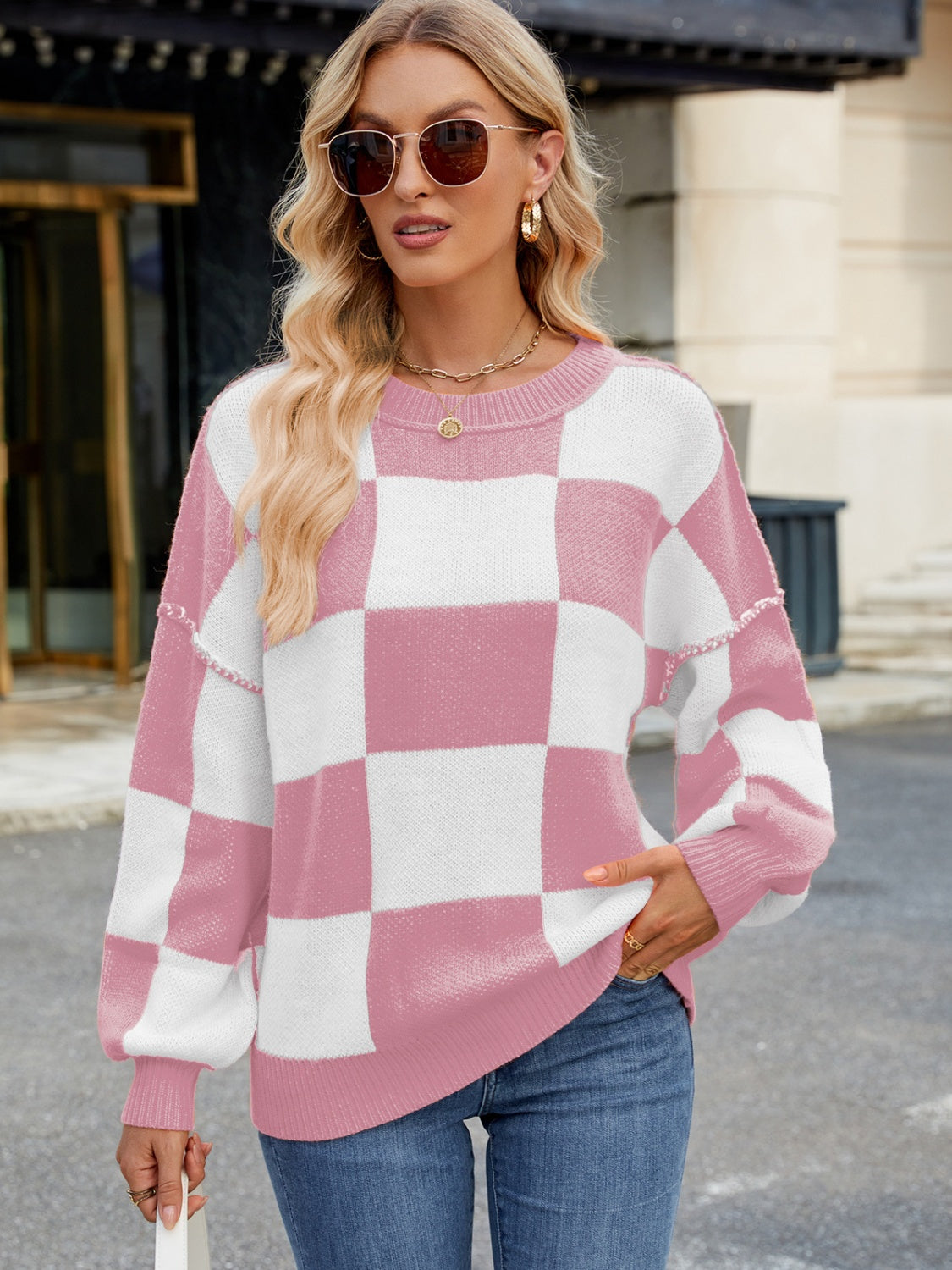 Outfit Flow - Checkered Round Neck Long Sleeve Sweater