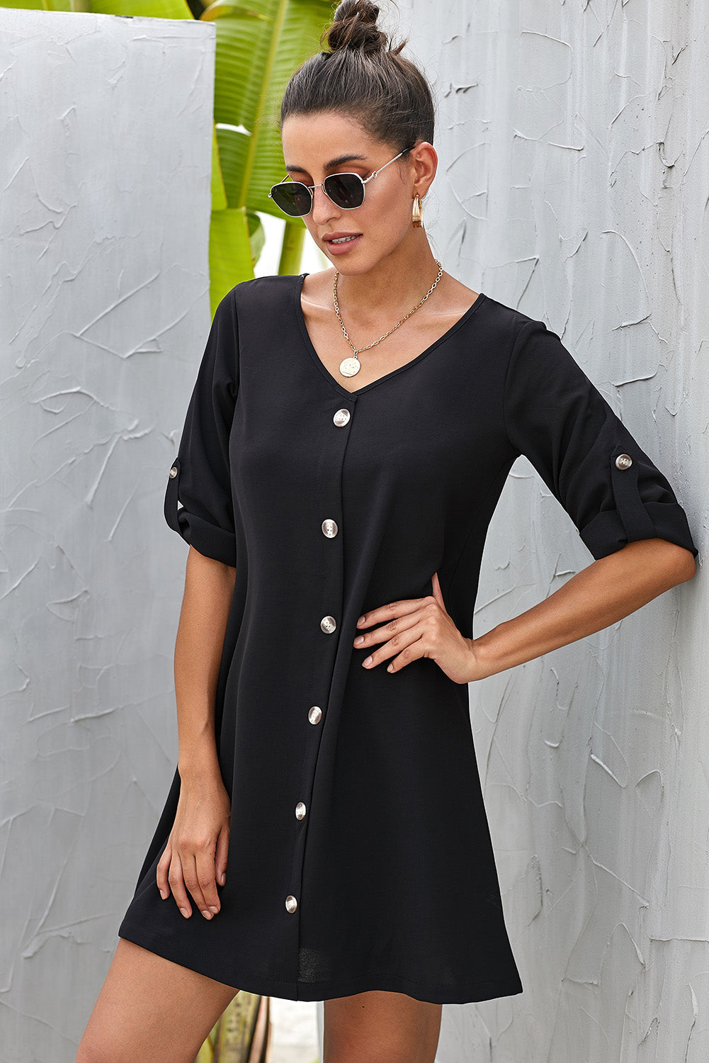 Buttoned V-Neck Dress OutfitFlow