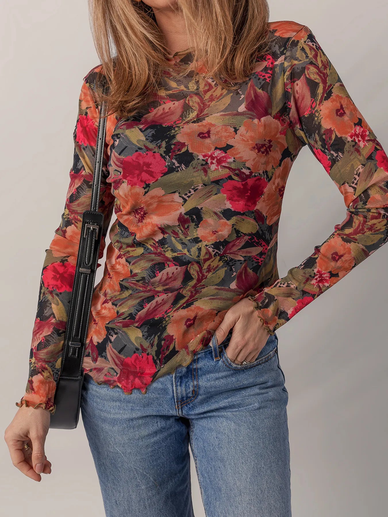 Multicolour Floral Print Lettuce Trim Long Sleeve Mesh Top OutfitFlow