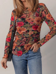 Multicolour Floral Print Lettuce Trim Long Sleeve Mesh Top OutfitFlow