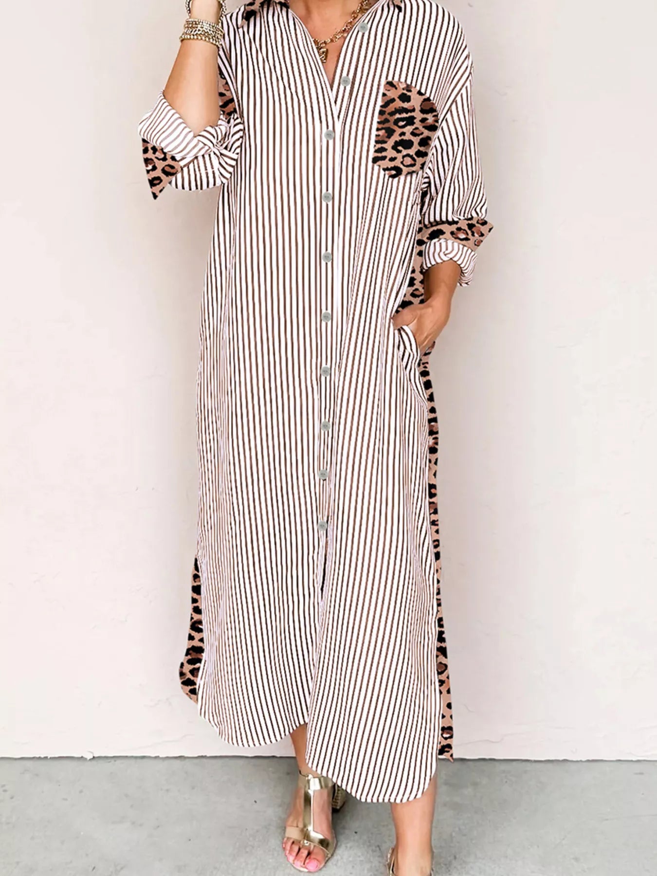 Striped Leopard Print Button Up Shirt Dress Trendsi