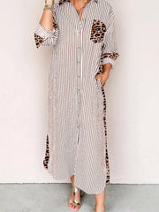 Striped Leopard Print Button Up Shirt Dress Trendsi