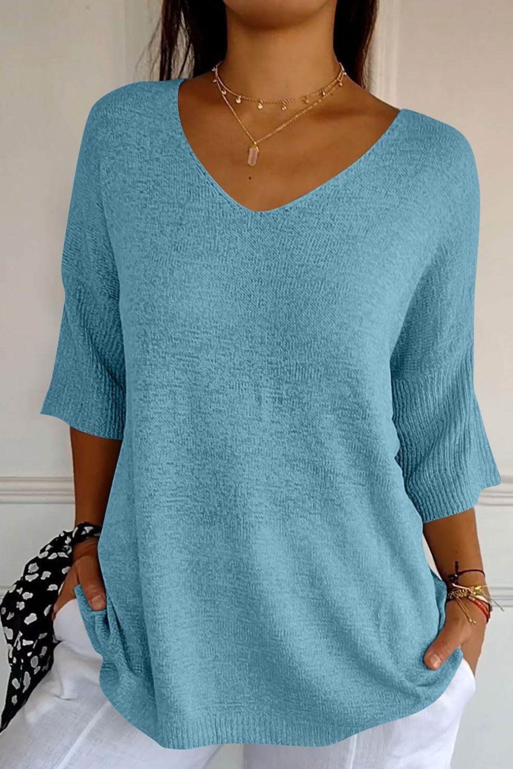 Outfit Flow - V-Neck Three-Quarter Sleeve Knit Top