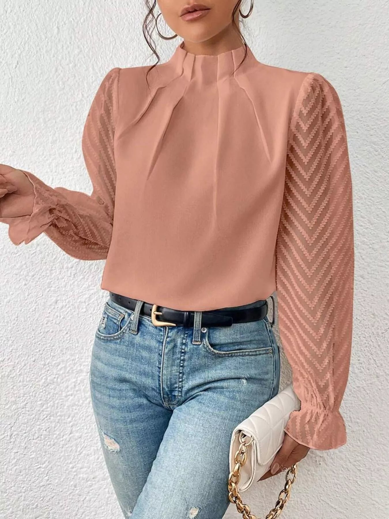Mock Neck Sheer Lace Sleeve Blouse OutfitFlow