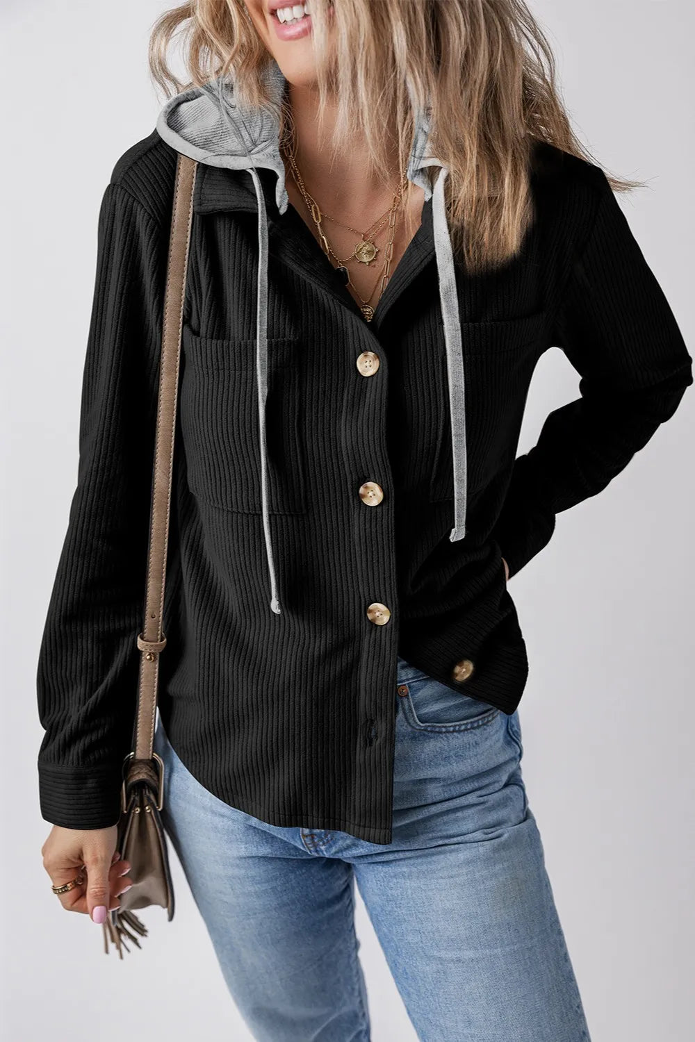 Drawstring Button Up Long Sleeve Hooded Jacket Black OutfitFlow