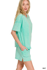 Zenana Acid Washed Short Sleeve Tee & Shorts Set OutfitFlow