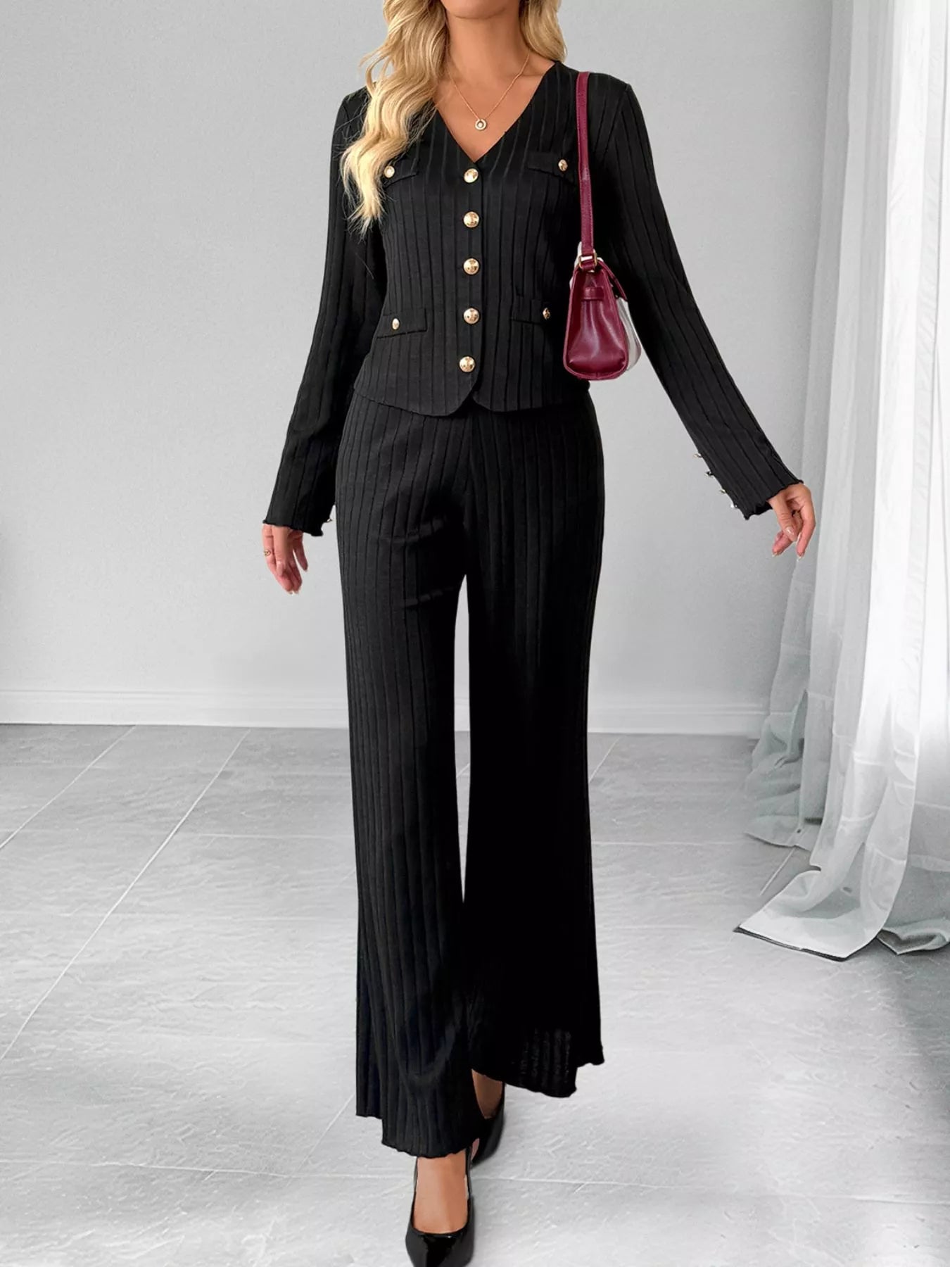 Ribbed Knit Cardigan & Wide Leg Pants Set OutfitFlow