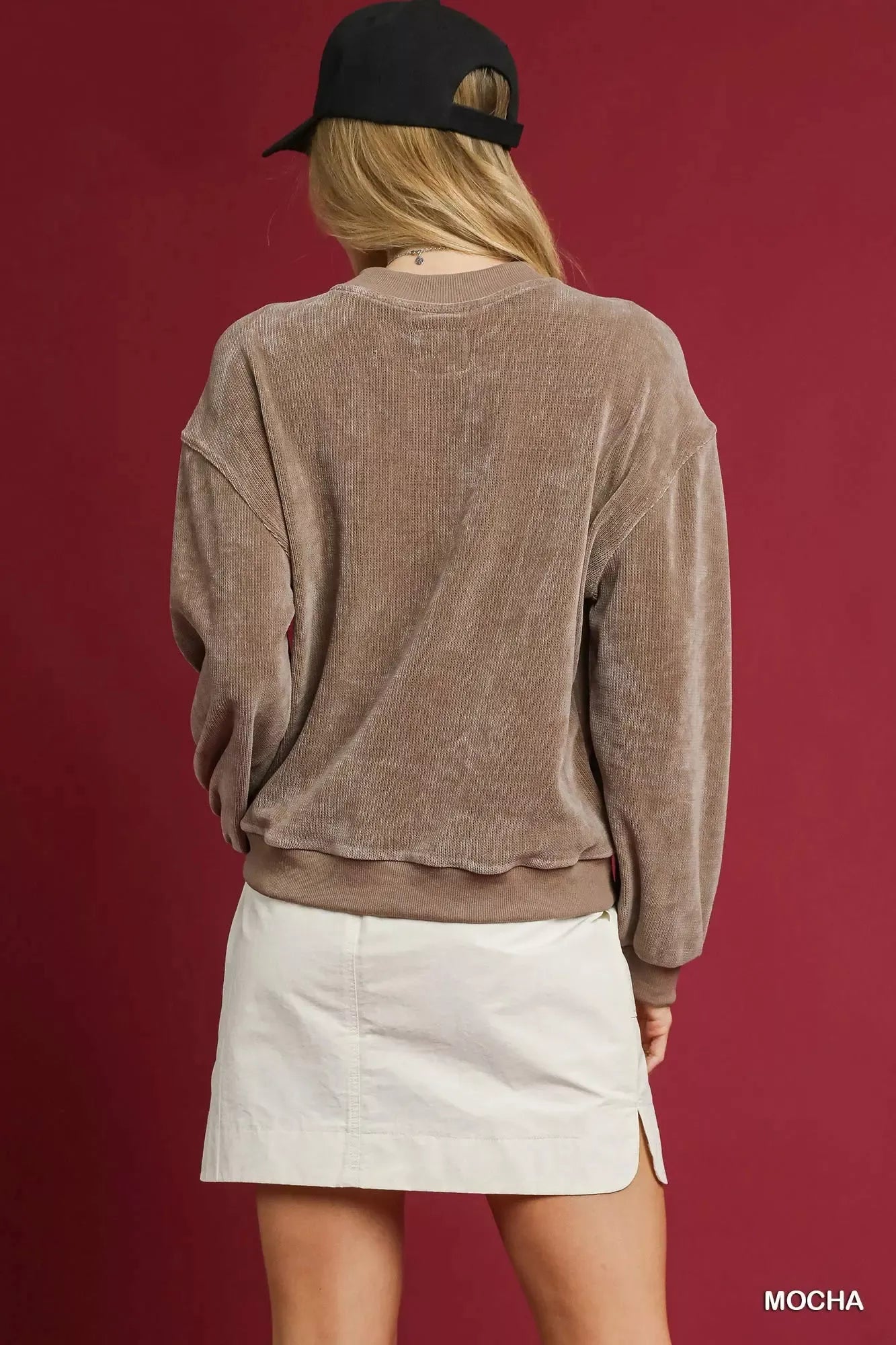 Umgee Velour Crewneck Balloon Sleeve Sweatshirt OutfitFlow