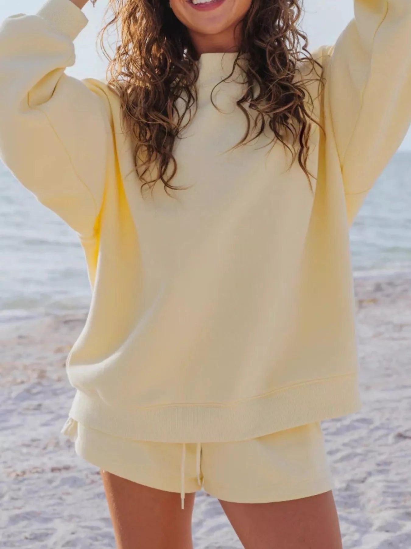 Relaxed Fit Round Neck Sweatshirt and Shorts Set Yellow OutfitFlow