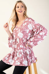 Outfit Flow - Celeste Full Size Tiered Floral V-Neck Long Sleeve Blouse