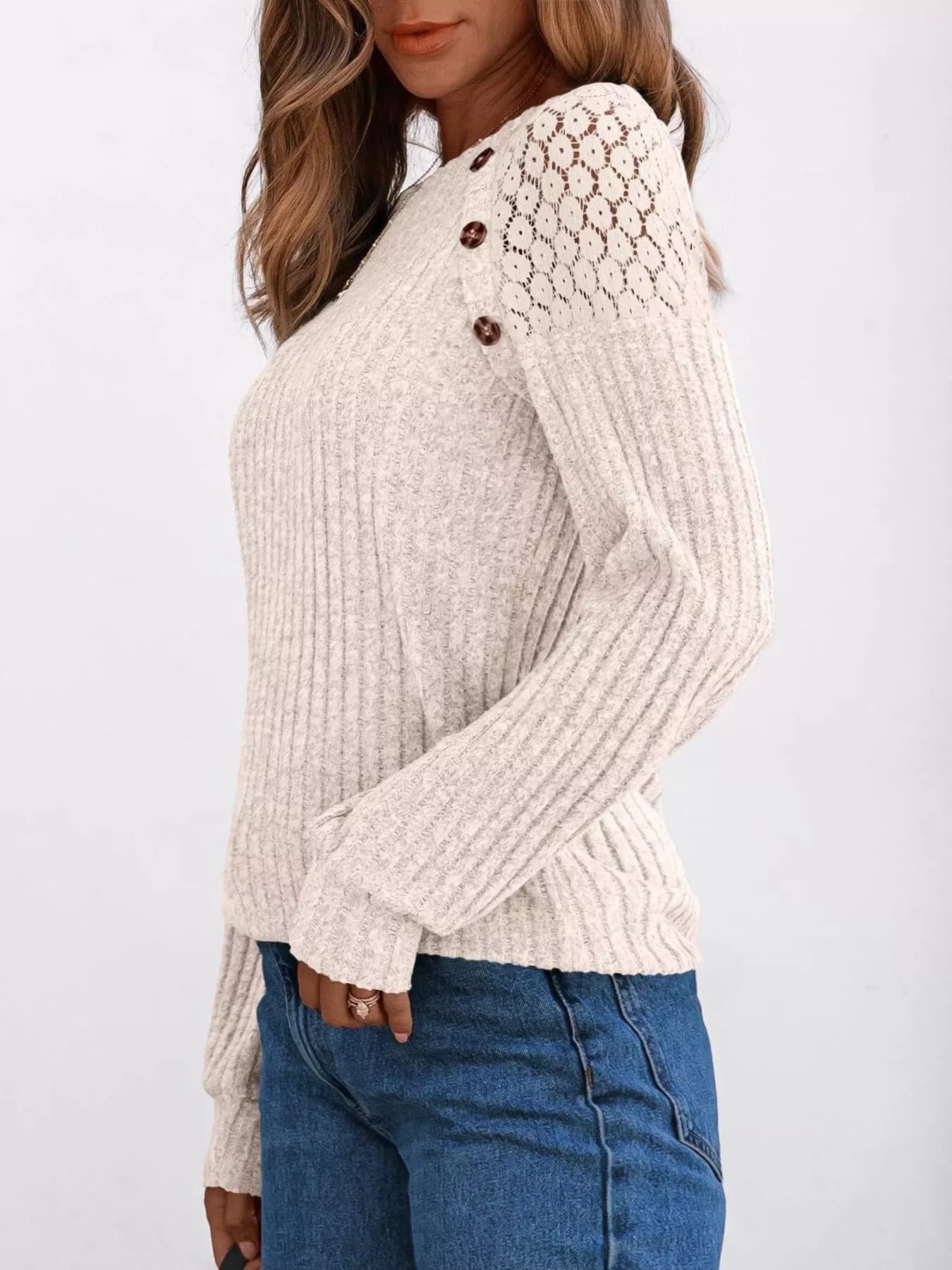 Ribbed Knit T-Shirt with Lace Shoulder Detail OutfitFlow
