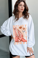 Boots Graphic Round Neck Long Sleeve Sweatshirt OutfitFlow