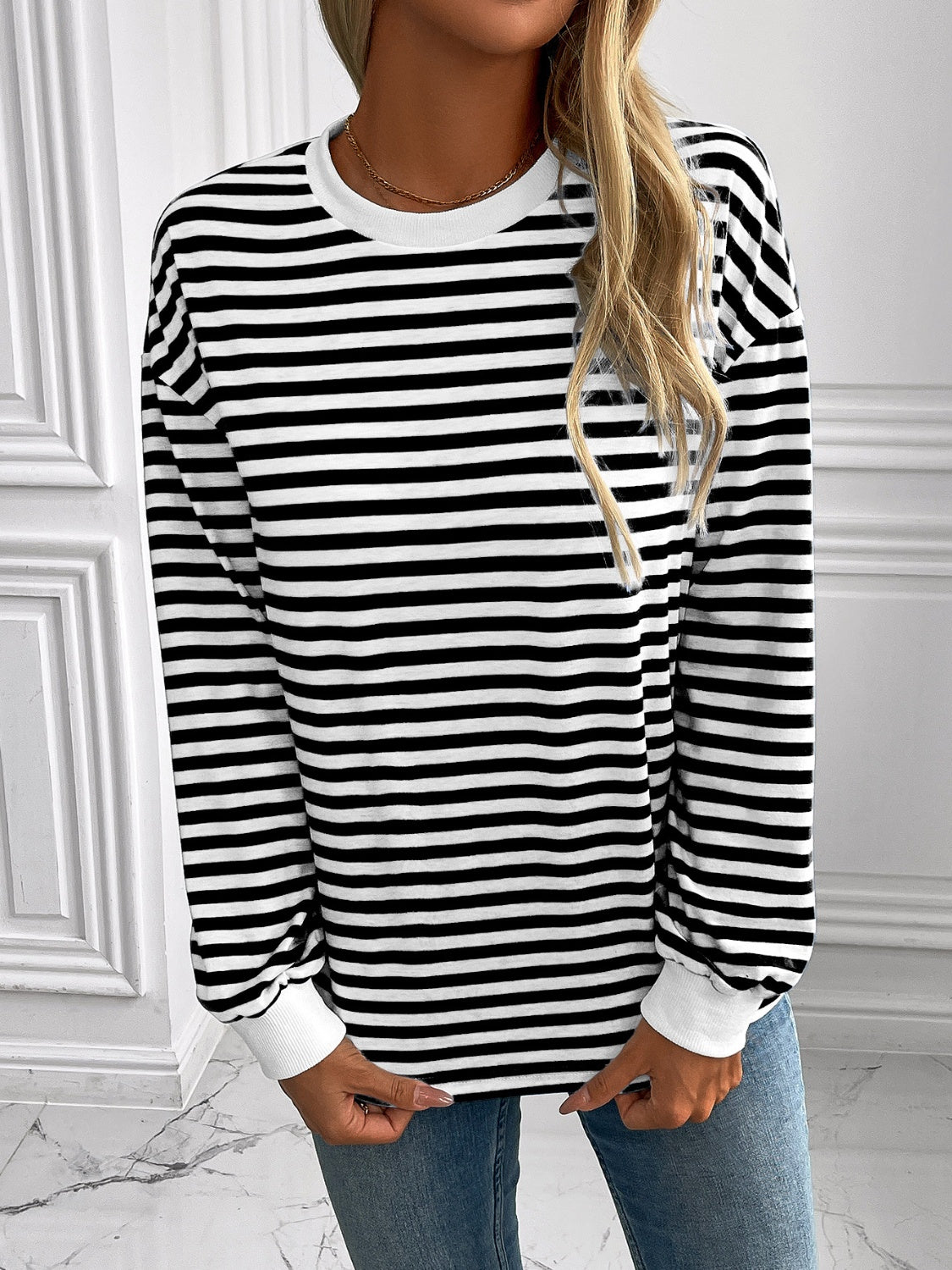 Outfit Flow - Ivy Lane Striped Round Neck Long Sleeve Sweatshirt