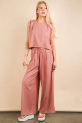 VERY J Solid Woven Top & Pants Set OutfitFlow